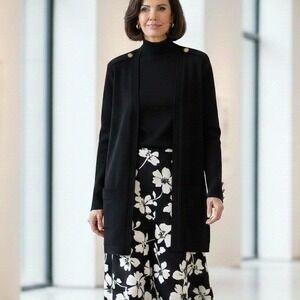 St John Large $895 Black Santana Knit Open Front Blazer Gold Buttons Made USA